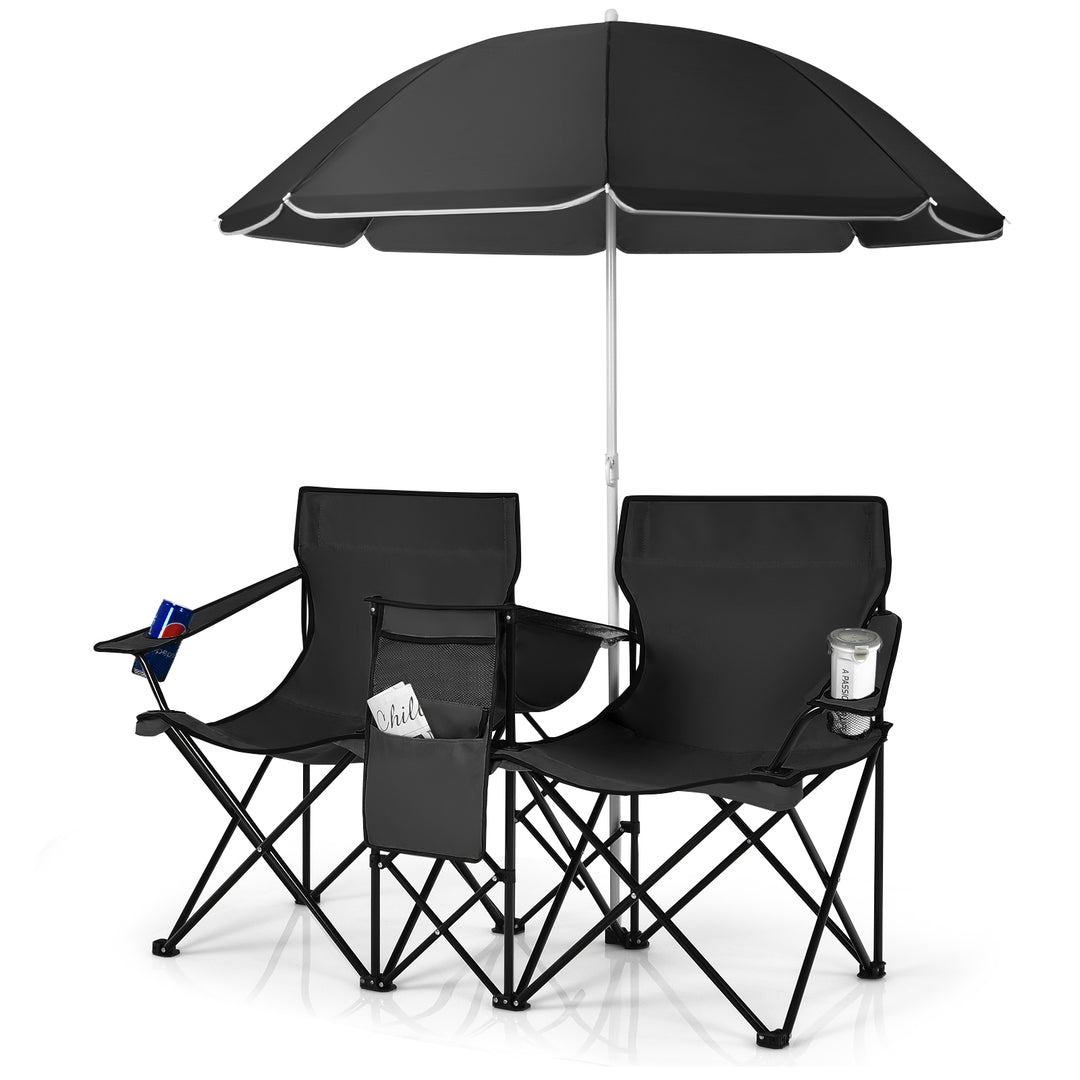 Portable Double Camping Chair with Umbrella & Ice Bag-Black