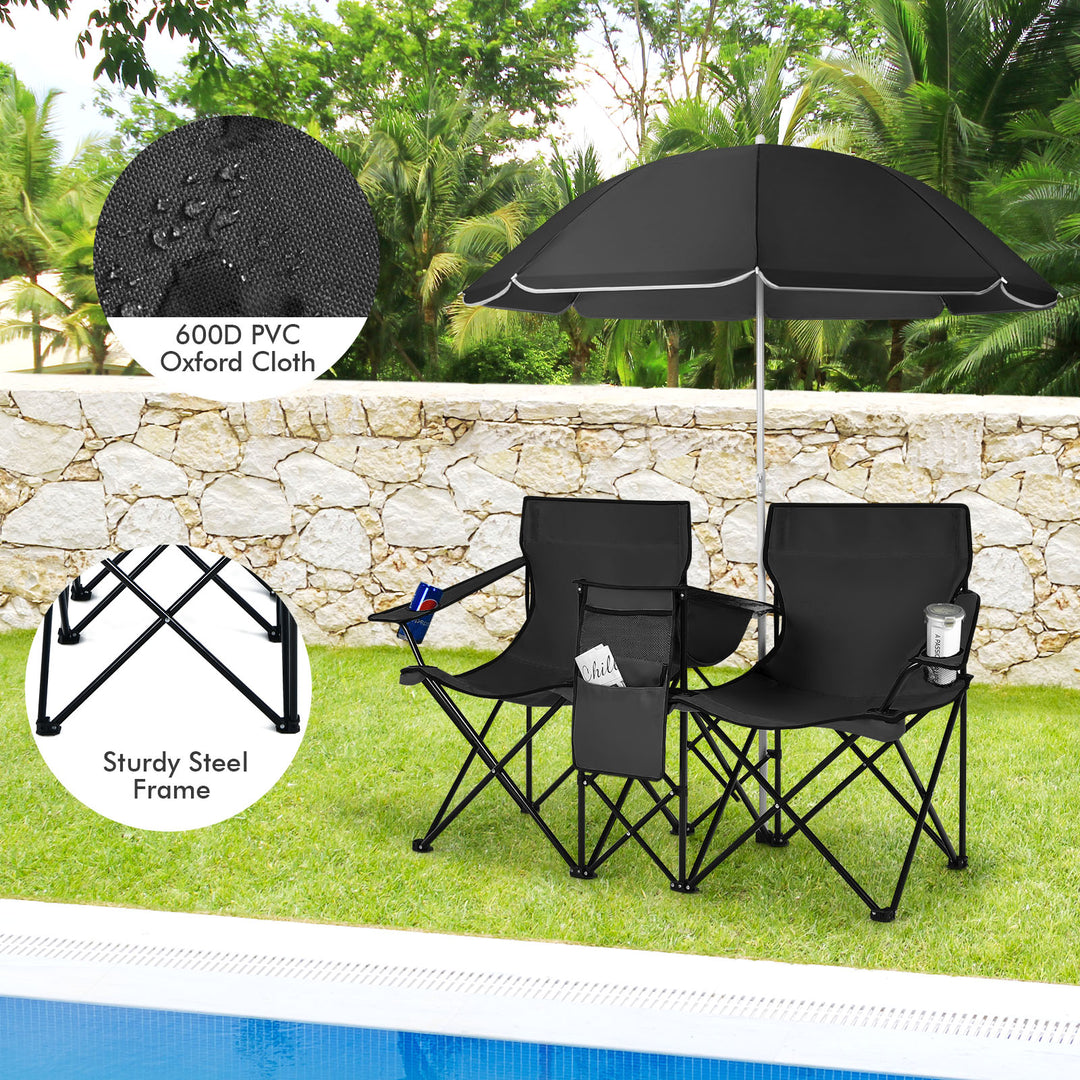 Portable Double Camping Chair with Umbrella & Ice Bag-Black