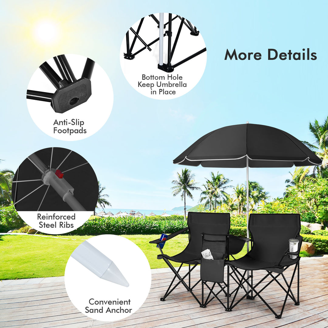 Portable Double Camping Chair with Umbrella & Ice Bag-Black