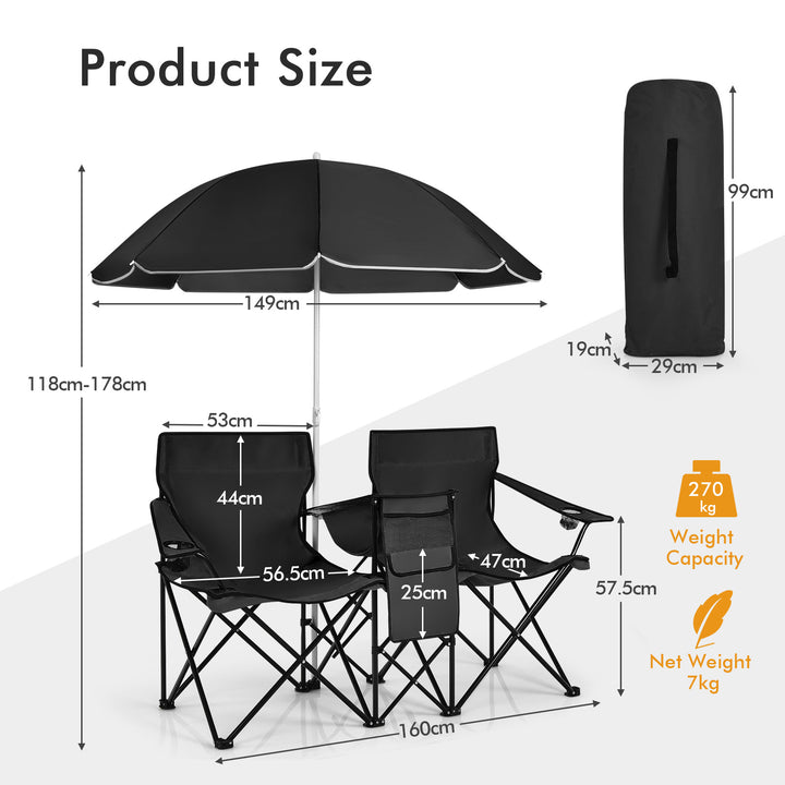 Portable Double Camping Chair with Umbrella & Ice Bag-Black