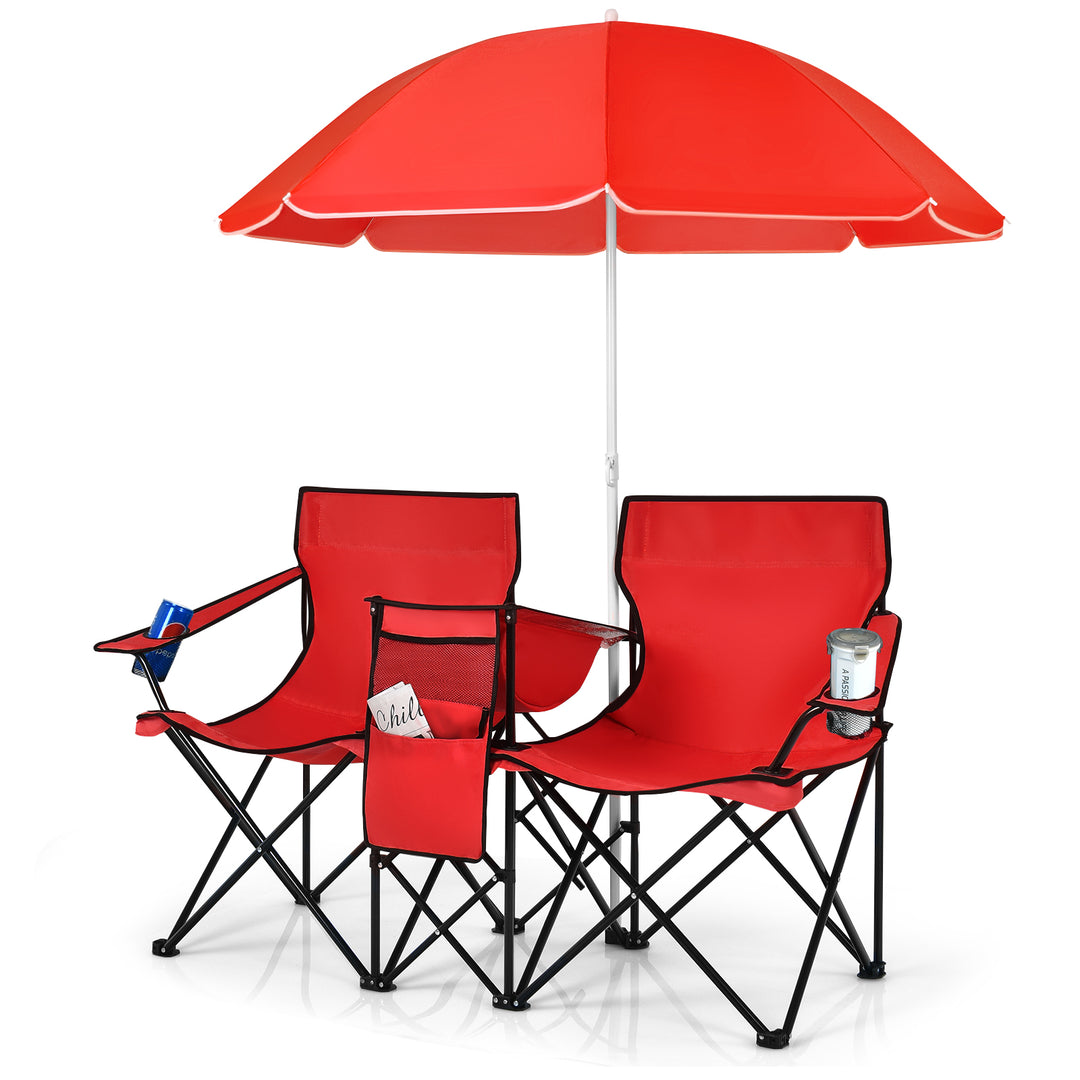 Portable Double Camping Chair with Umbrella & Ice Bag-Red