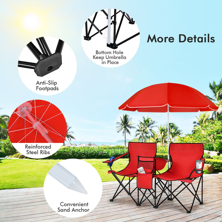 Portable Double Camping Chair with Umbrella & Ice Bag-Red