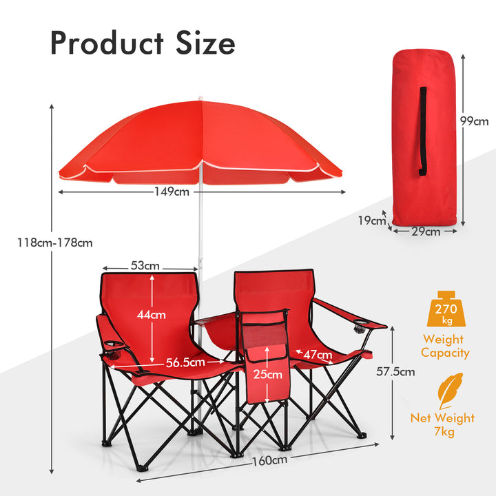 Portable Double Camping Chair with Umbrella & Ice Bag-Red