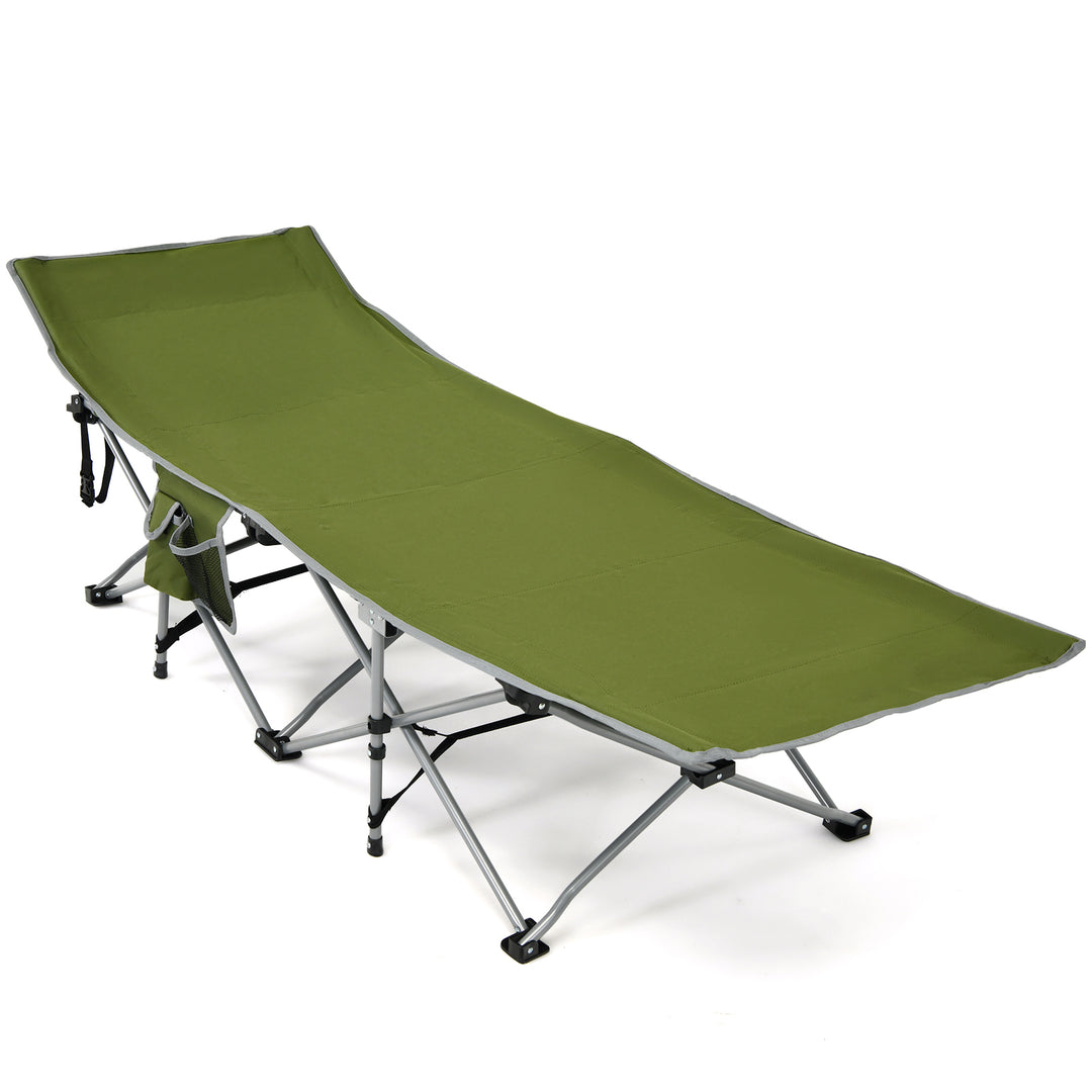 Folding Camping Cot with Detachable Headrest and Side Pocket-Green