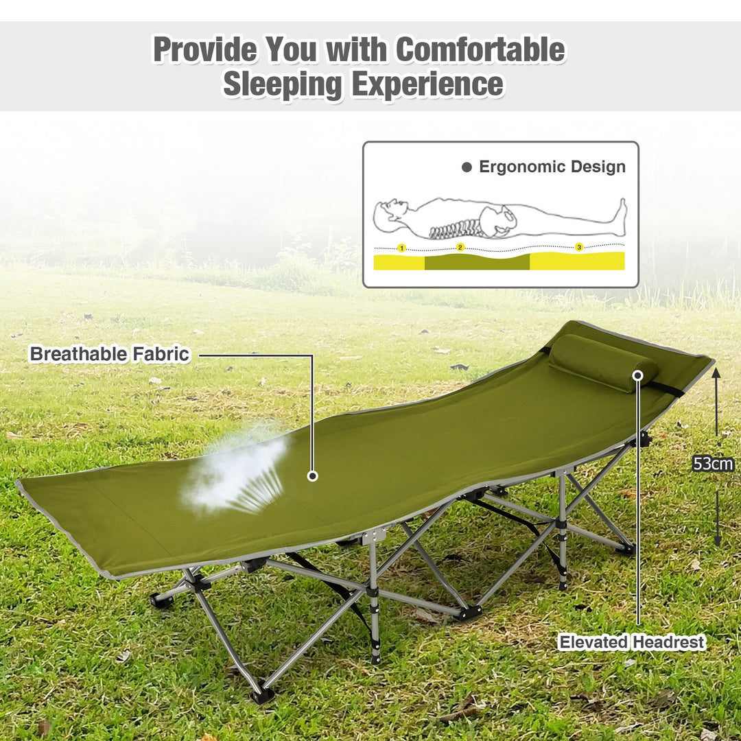 Folding Camping Cot with Detachable Headrest and Side Pocket-Green