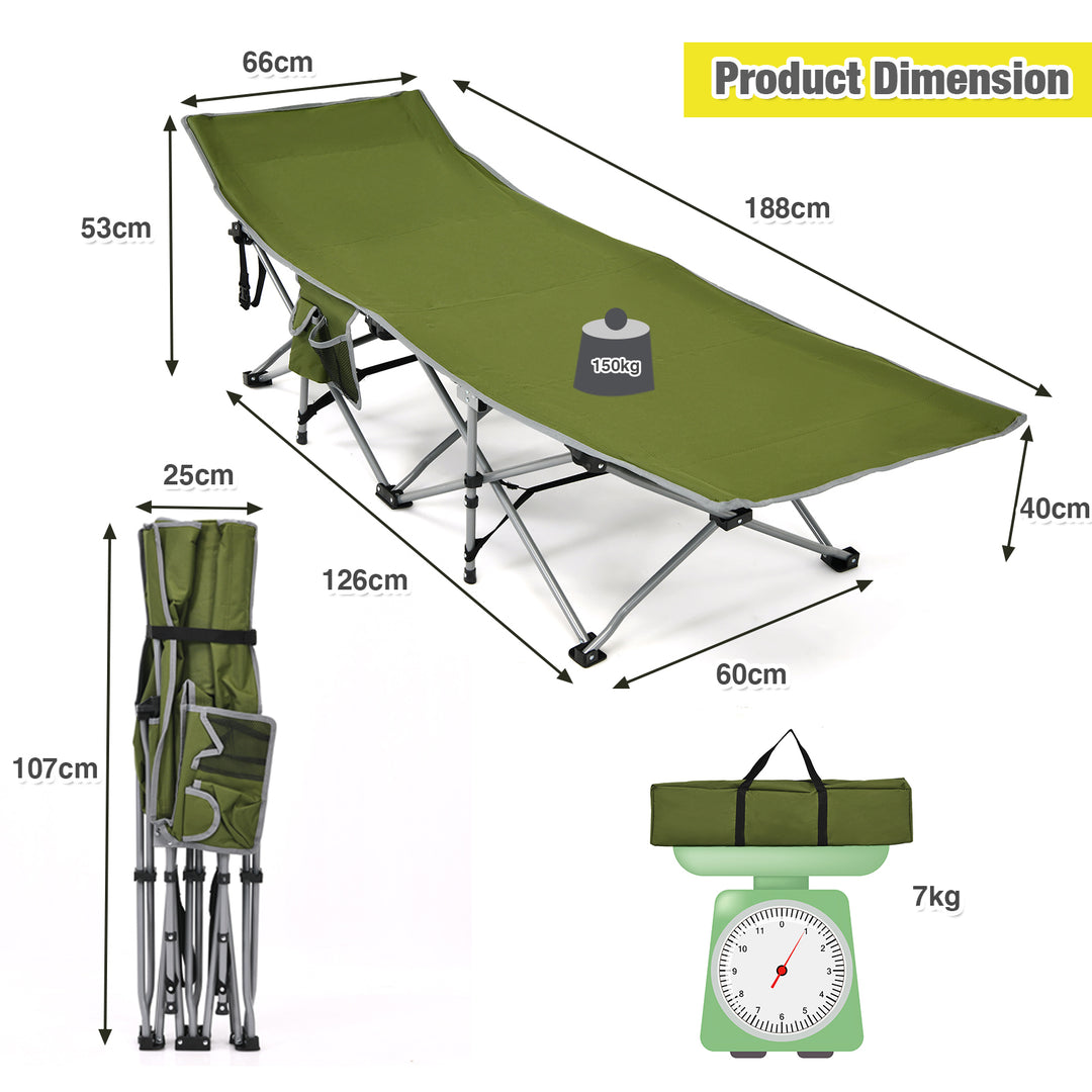 Folding Camping Cot with Detachable Headrest and Side Pocket-Green