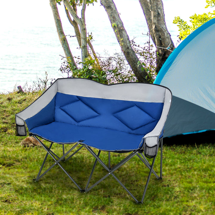 Double Folding Camping Chair with Padded Seat and Storage Pockets-Blue