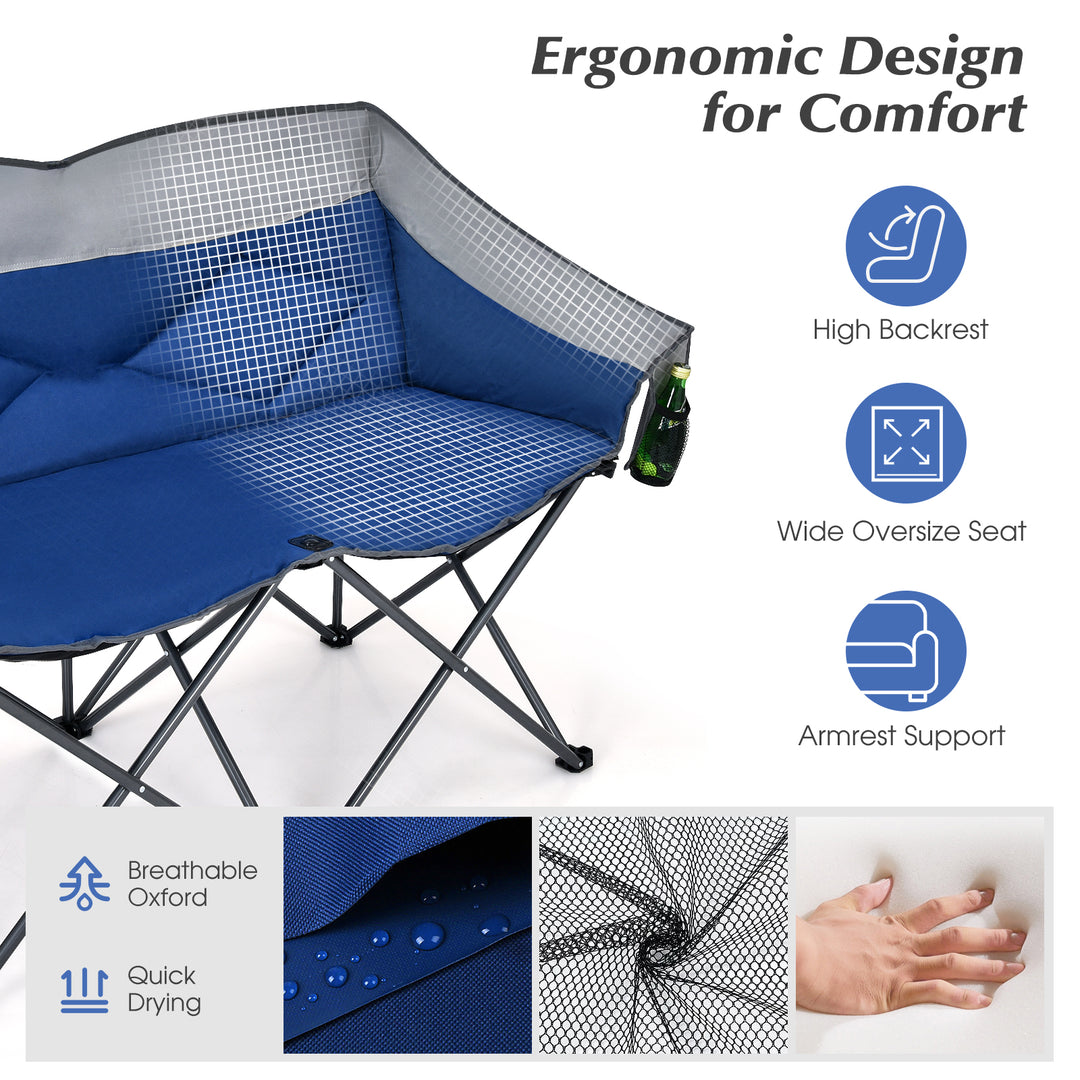 Double Folding Camping Chair with Padded Seat and Storage Pockets-Blue