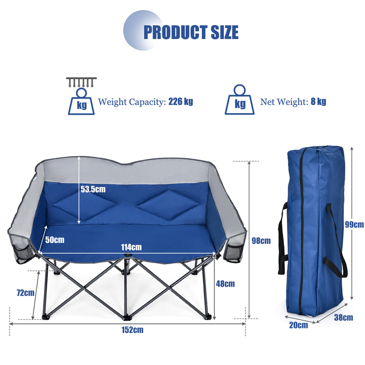 Double Folding Camping Chair with Padded Seat and Storage Pockets-Blue