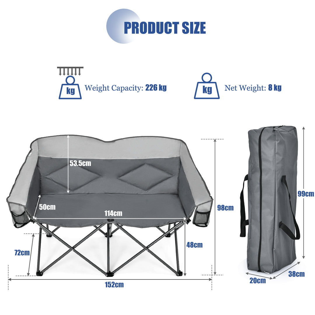 Double Folding Camping Chair with Padded Seat and Storage Pockets-Grey