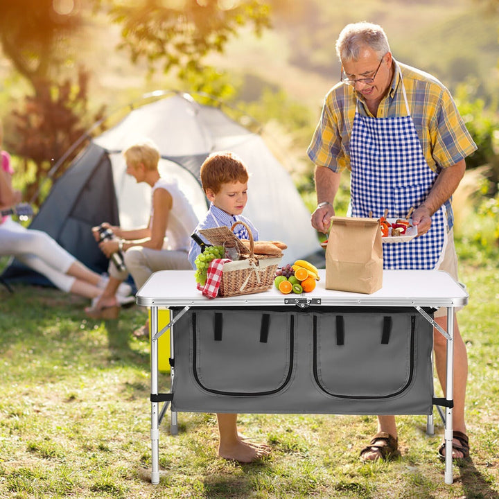 Folding Camping Table with Storage Cabinet and Adjustable Height-Grey