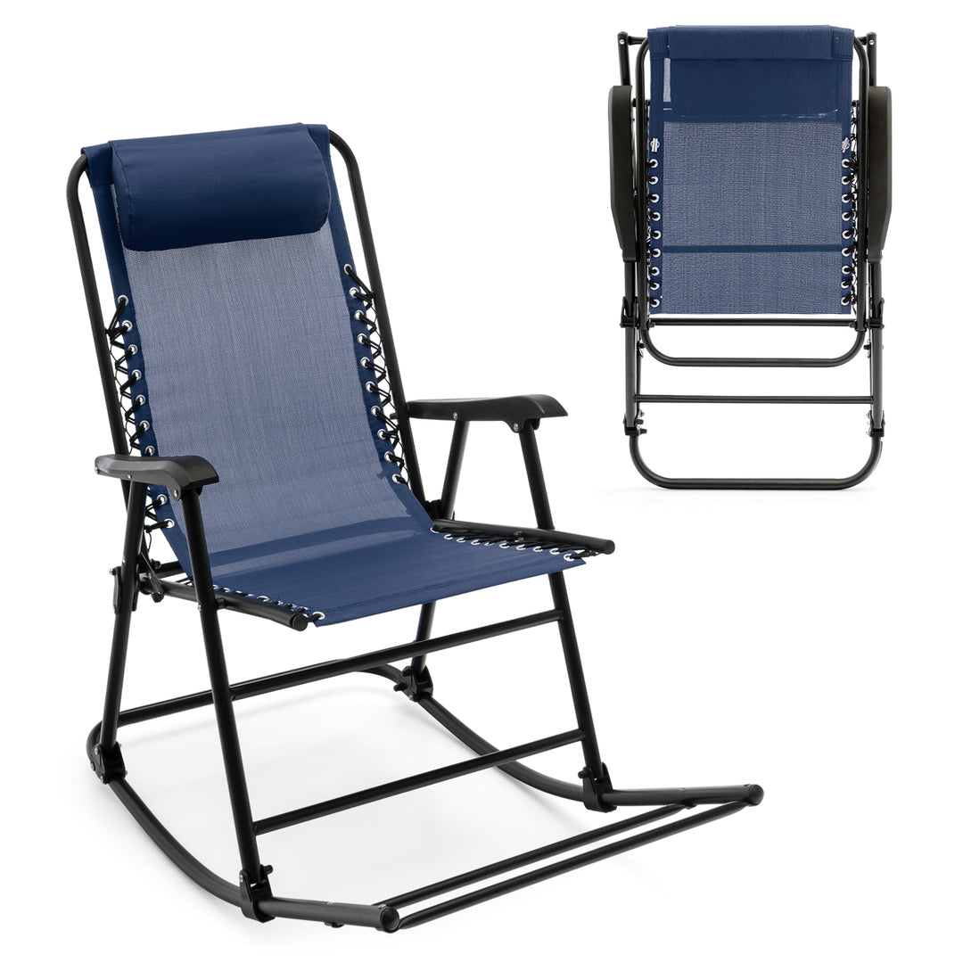 Folding Garden Rocking Chair with Extended Footrest and Padded Headrest-Blue