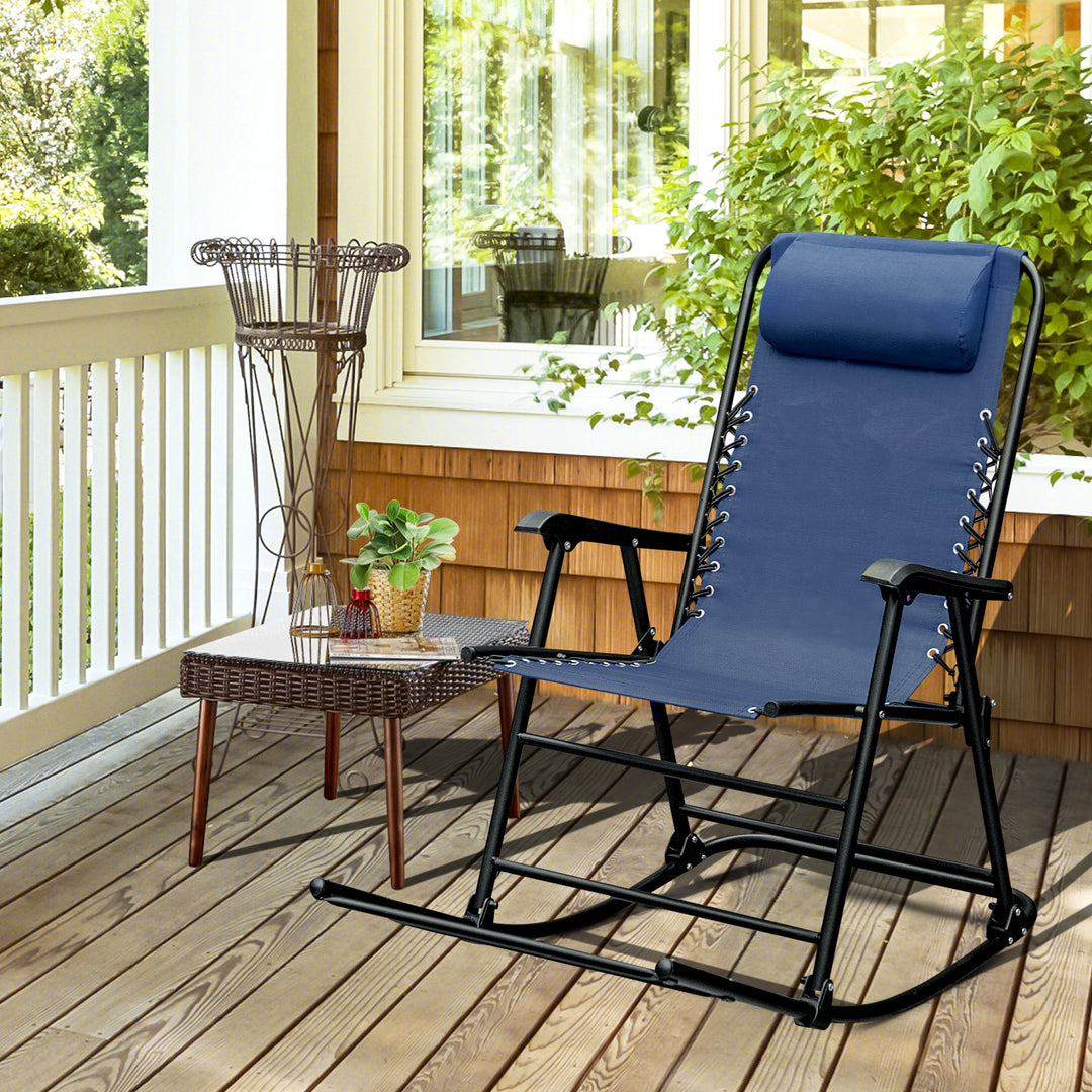 Folding Garden Rocking Chair with Extended Footrest and Padded Headrest-Blue