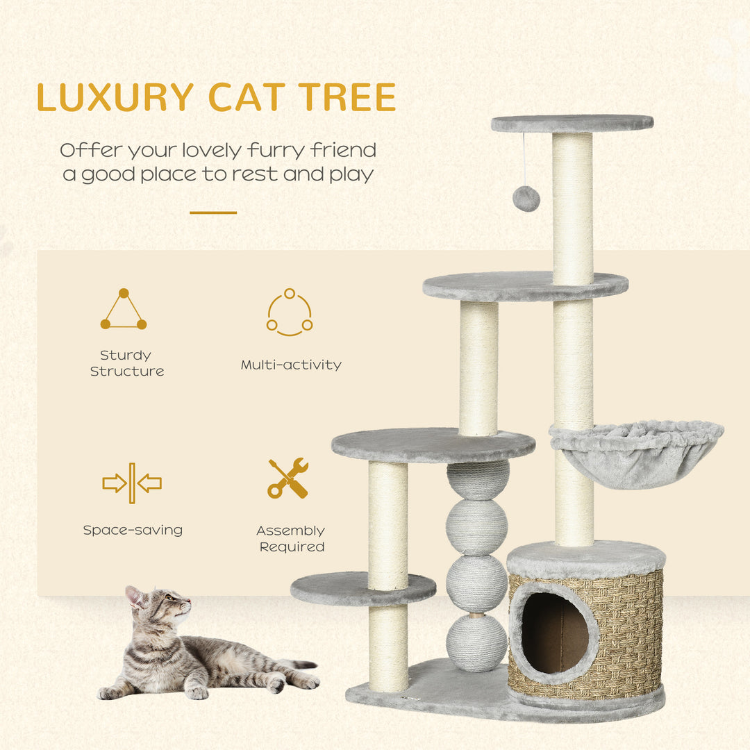 Cat Tree, 115cm Cat Climbing Tower, kitten Activity Centre with Fluffy House and Hammock, Jute Scratching Post and Hanging Ball, Light Grey