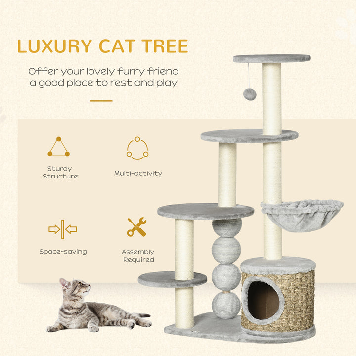 Cat Tree, 115cm Cat Climbing Tower, kitten Activity Centre with Fluffy House and Hammock, Jute Scratching Post and Hanging Ball, Light Grey
