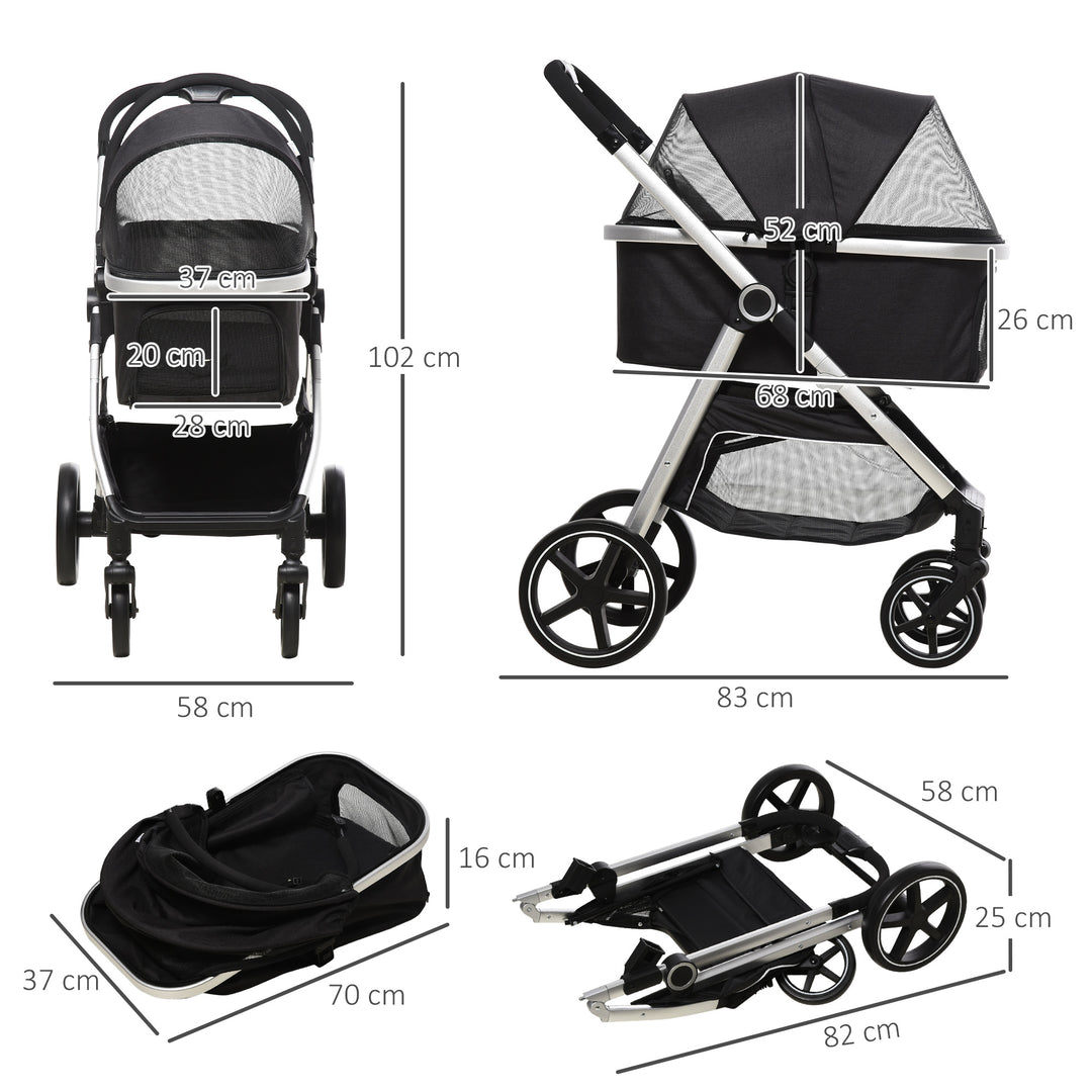 PawHut 3 in 1 Foldable Dog Pushchair, Detachable Travel Stroller w/ EVA Wheels, Adjustable Canopy, Safety Leash, Cushion, for Small Pets - Black