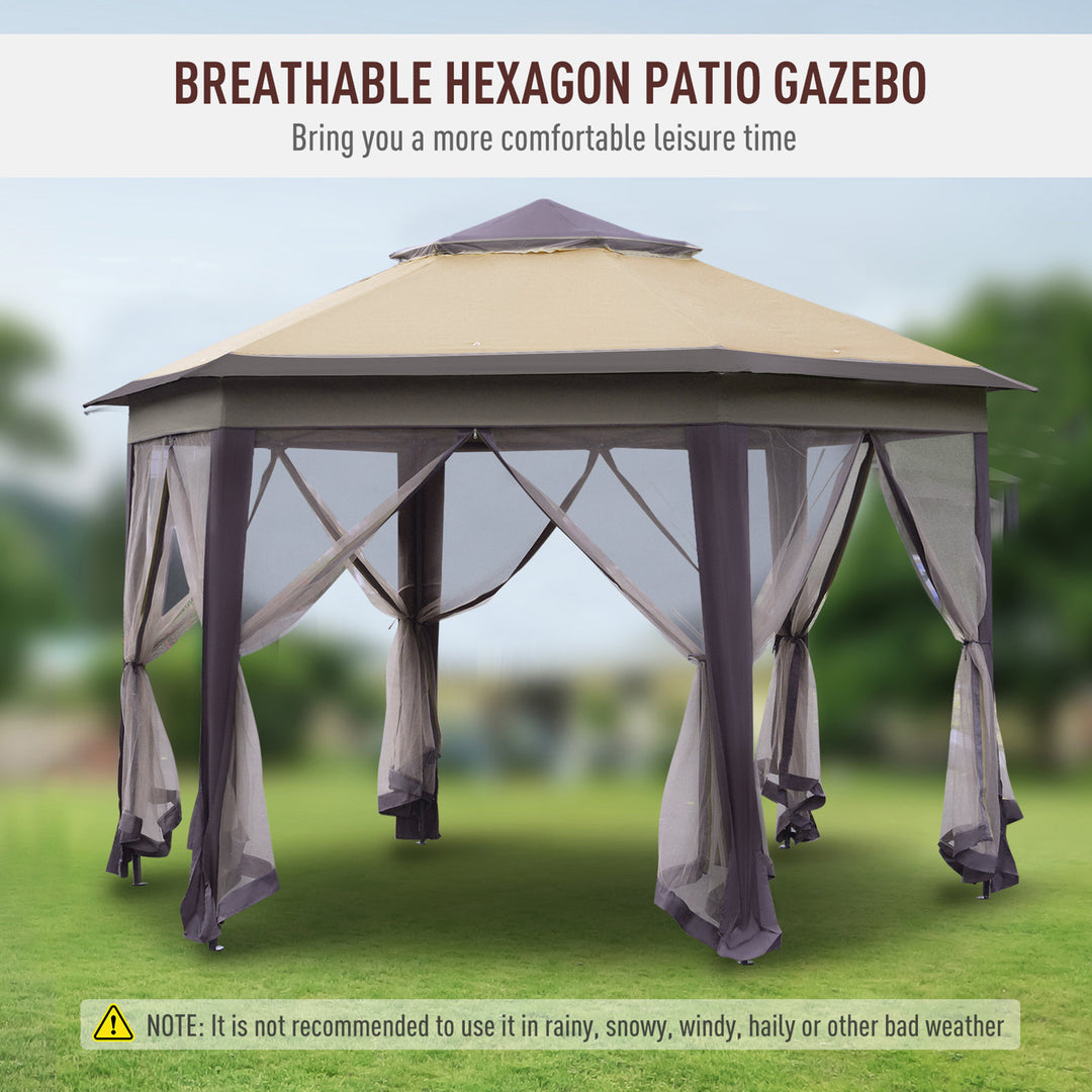 Outsunny Hexagon Patio Gazebo Pop Up Gazebo Outdoor Double Roof Instant Shelter with Netting, 4m x 4m, Beige