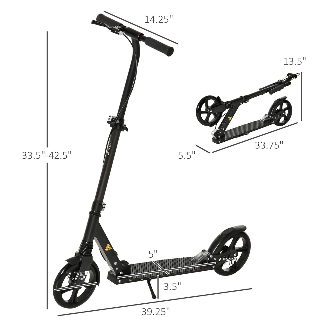 One-click Folding Kick Scooter for 14+ w/ Adjustable Handlebar, Push Scooter with Kickstand, Dual Brake System, Shock Absorber, Black