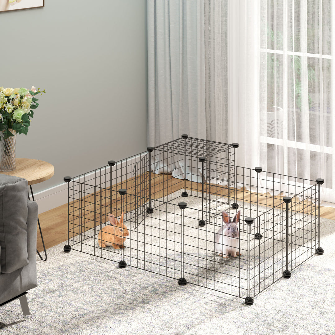 PawHut Pet Playpen w/ Door Customisable Fence for Guinea Pigs Hamsters Chinchillas Hedgehogs - Black