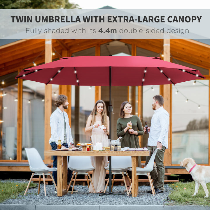 Outsunny 4.4m Double-Sided Sun Umbrella Garden Parasol Patio Sun Shade Outdoor with LED Solar Light, NO BASE INCLUDED, Wine Red