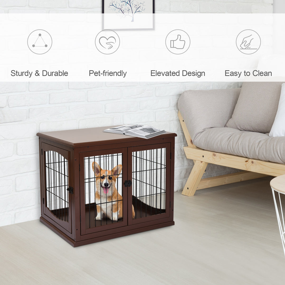 66cm Modern Indoor Pet Cage w/ Metal Wire 3 Doors Latches Base Small Animal House Tabletop Crate Decorative Stylish Brown