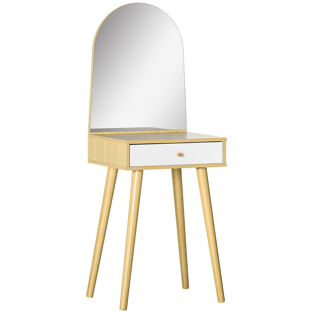 Modern Dressing Table with Large Mirror and Storage Drawer, Compact Vanity Table for Bedroom, Natural