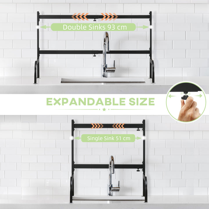 Space Saving 2 Tier Adjustable Dish Drainer Over The Sink Dish Drying Rack, Black