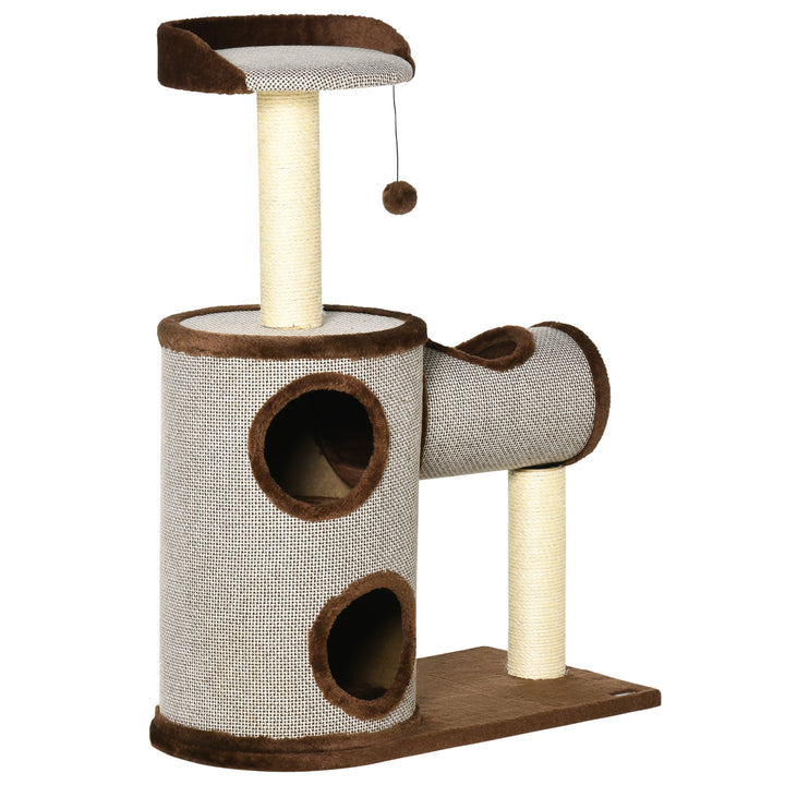 PawHut Cat Tree Tower Climbing Activity Center Kitten Furniture with Cat Condo Bed Sisal Scratching Post Hanging Ball 75 x 39 x 104cm Brown
