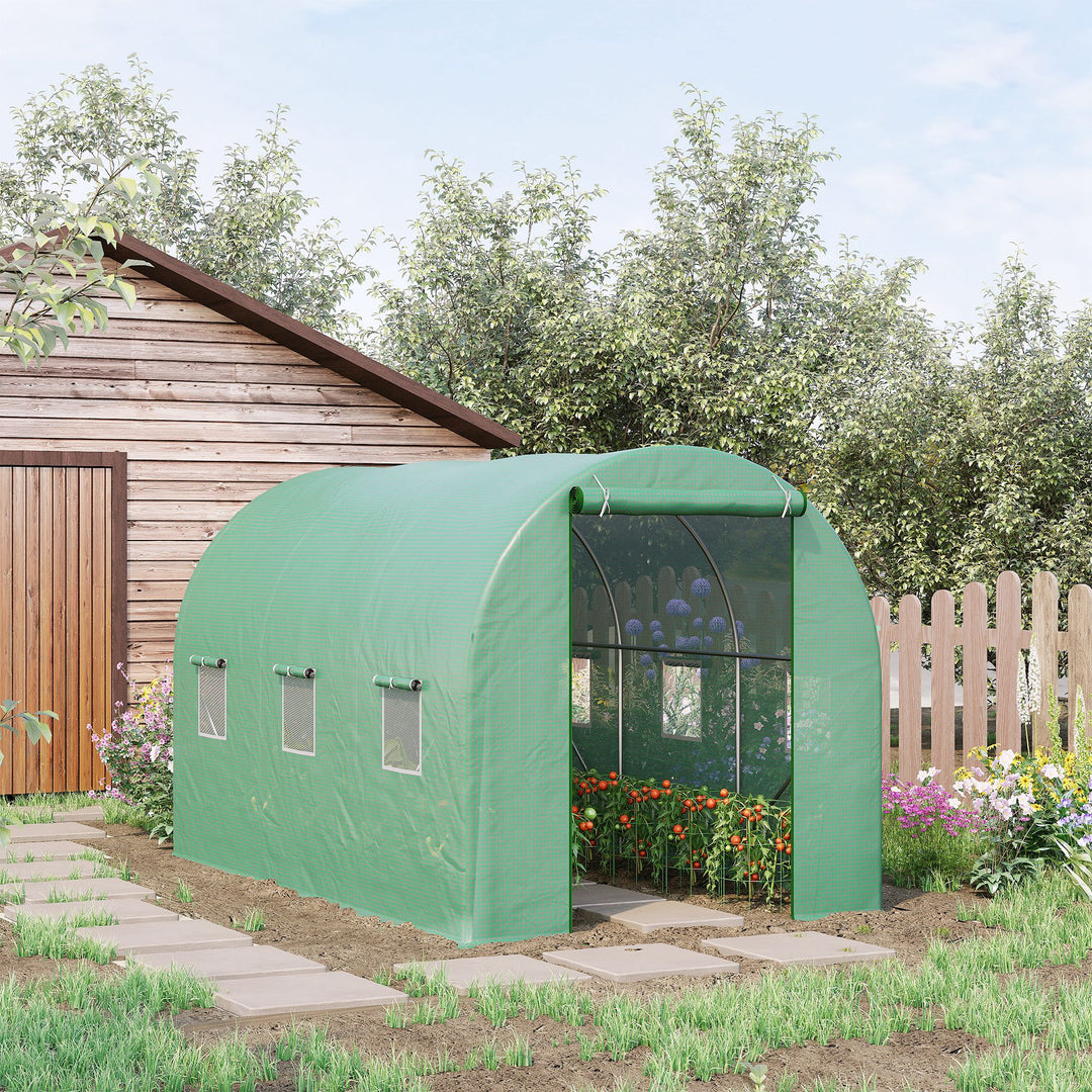 3.5 x 2 x 2 m Polytunnel Greenhouse, Walk in Pollytunnel Tent with Steel Frame, PE Cover, Roll Up Door and 6 Windows, Green