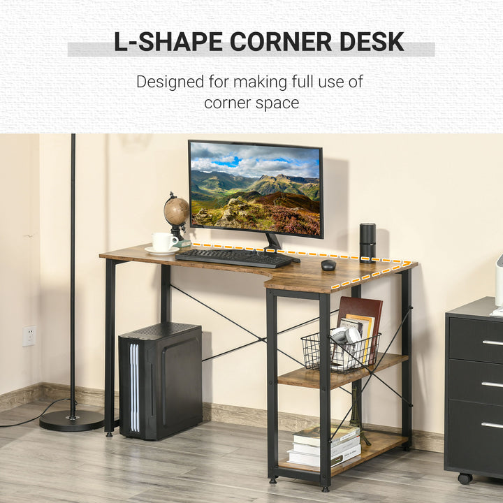 HOMCOM L-Shaped Computer Desk Home Office Corner Desk Study Workstation Table with 2 Shelves, Steel Frame, Rustic Brown