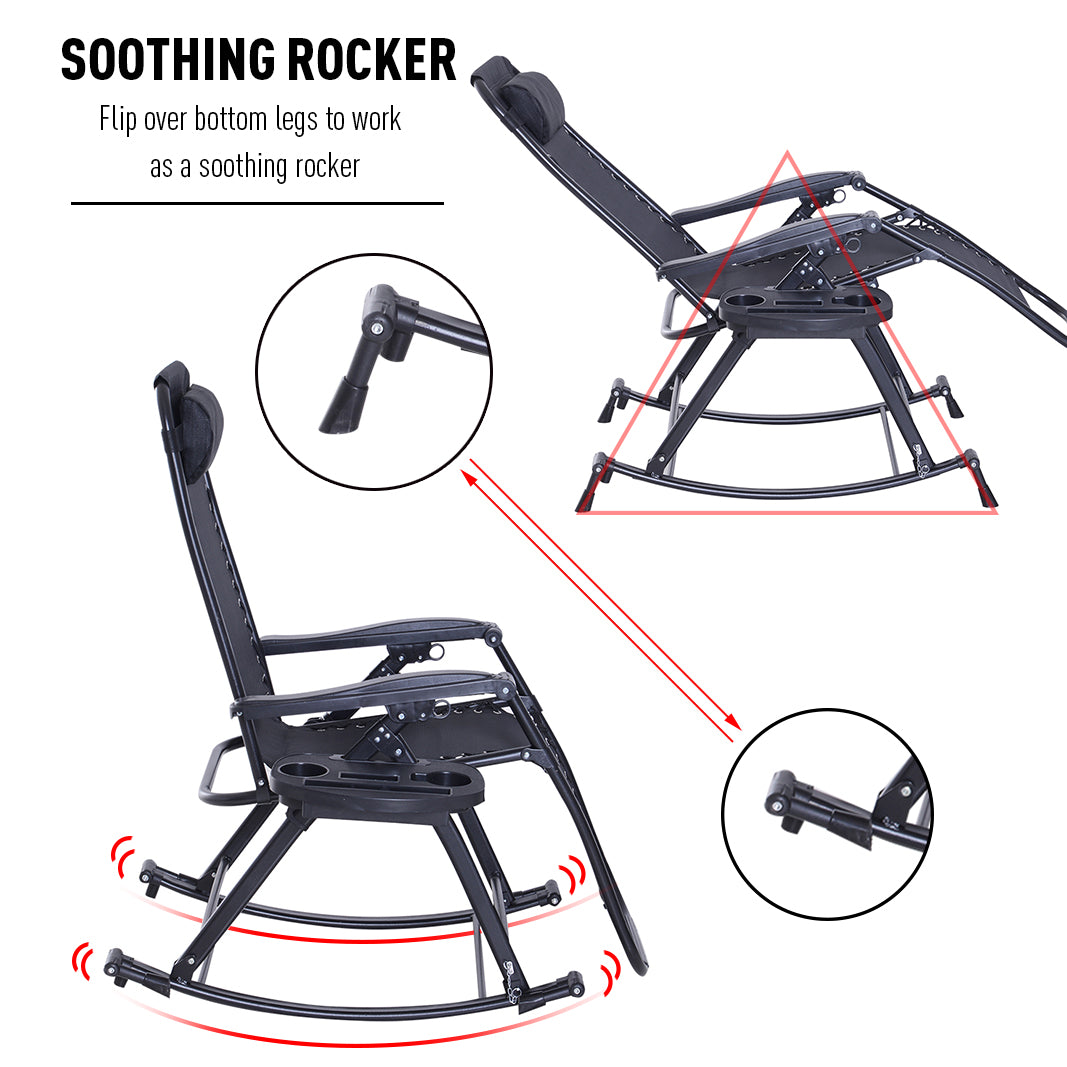Rocking Chair Folding Recliner Outdoor with Headrest Side Holder Patio Deck - Black