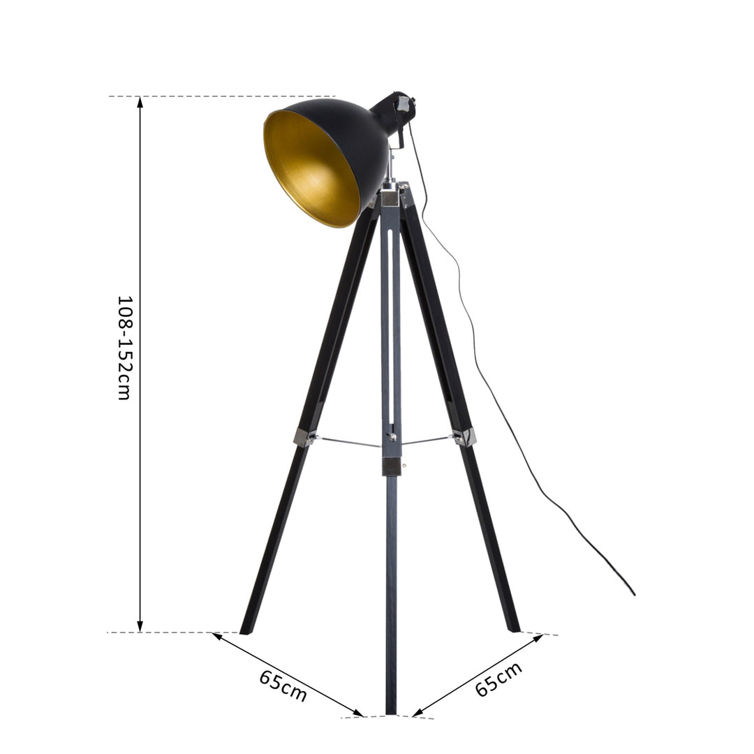 Industrial Floor Lamp for Living Room Tripod Spotlight Reading Lamp w/Wood Legs Metal Shade Adjustable Height Angle Black and Gold