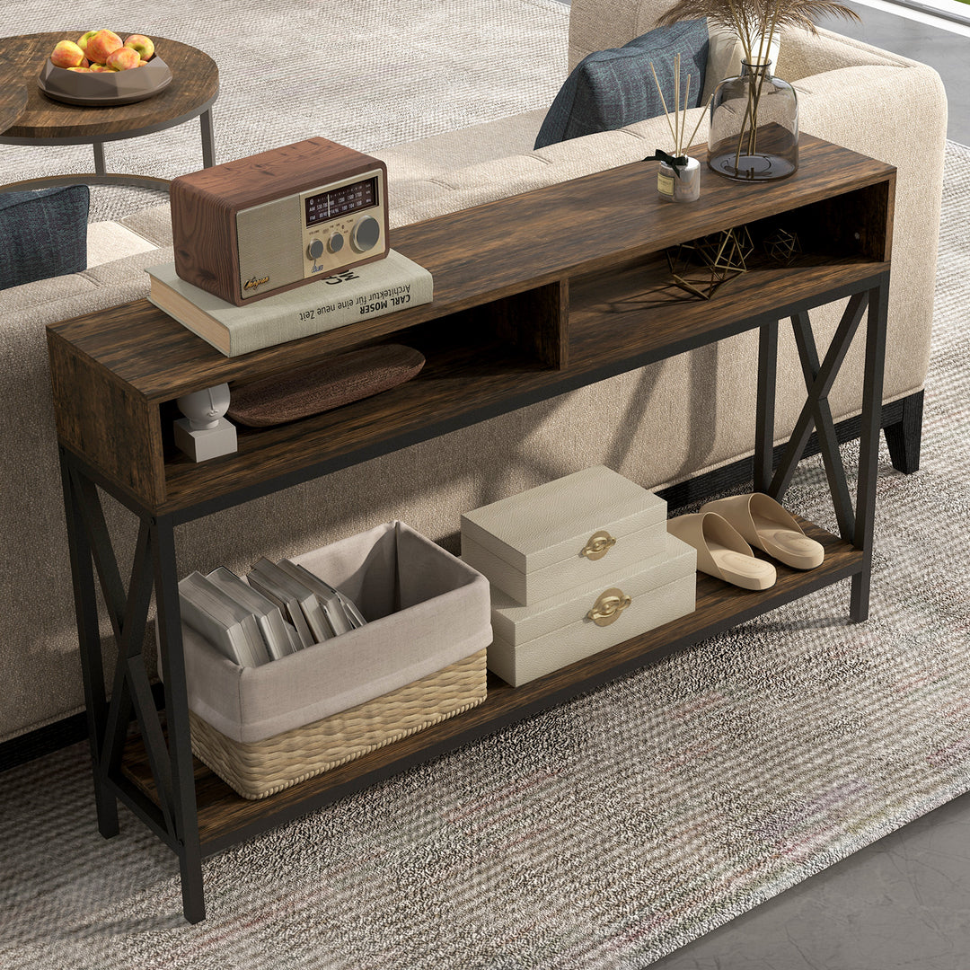 Console Table, Entryway Table with 3 Compartments, Metal Frame, Adjustable Feet for Living Room, Hallway, Rustic Brown