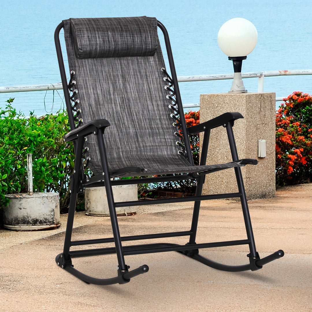 Garden Rocking Chair Folding Outdoor Adjustable Rocker Zero-Gravity Seat with Headrest Camping Fishing Patio Deck - Grey