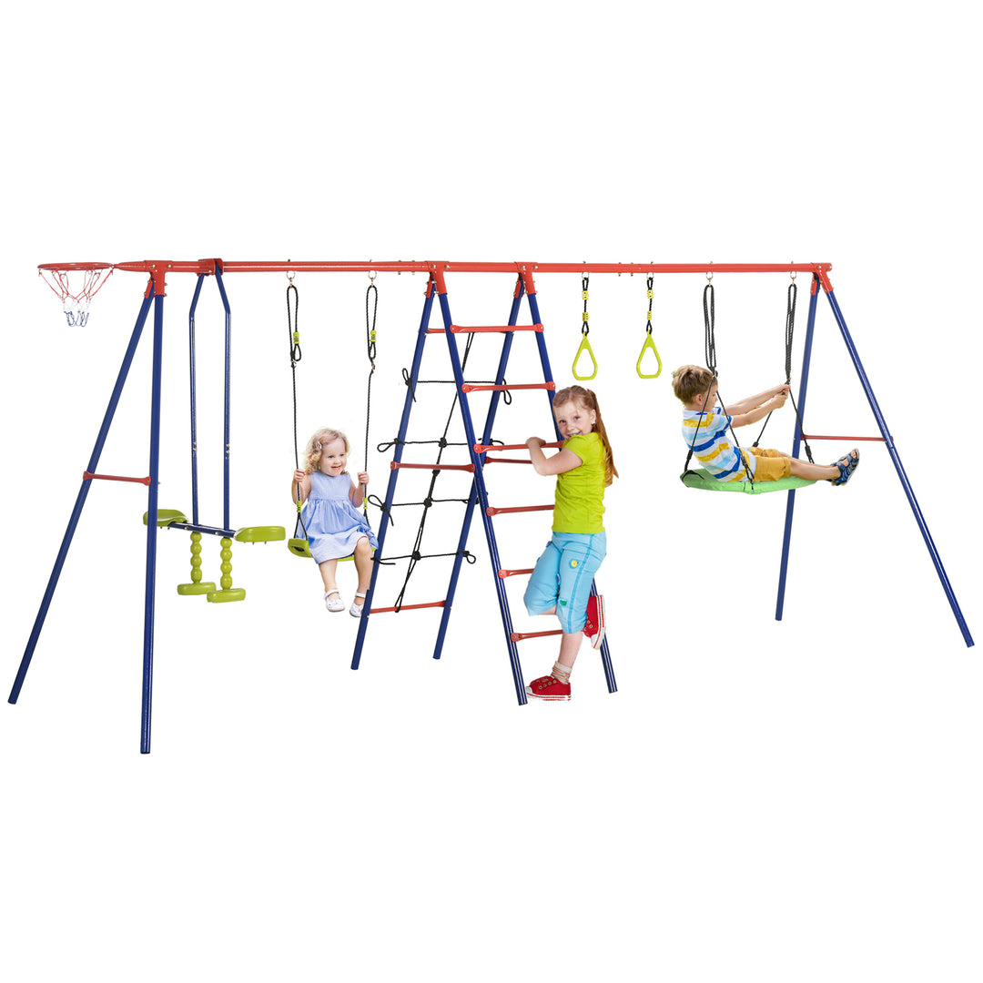 Metal Garden Swing Set, Climbing Frame, Glider, Trapeze Bar, Basketball Hoop