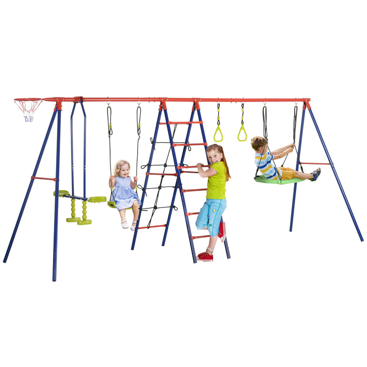 Metal Garden Swing Set, Climbing Frame, Glider, Trapeze Bar, Basketball Hoop