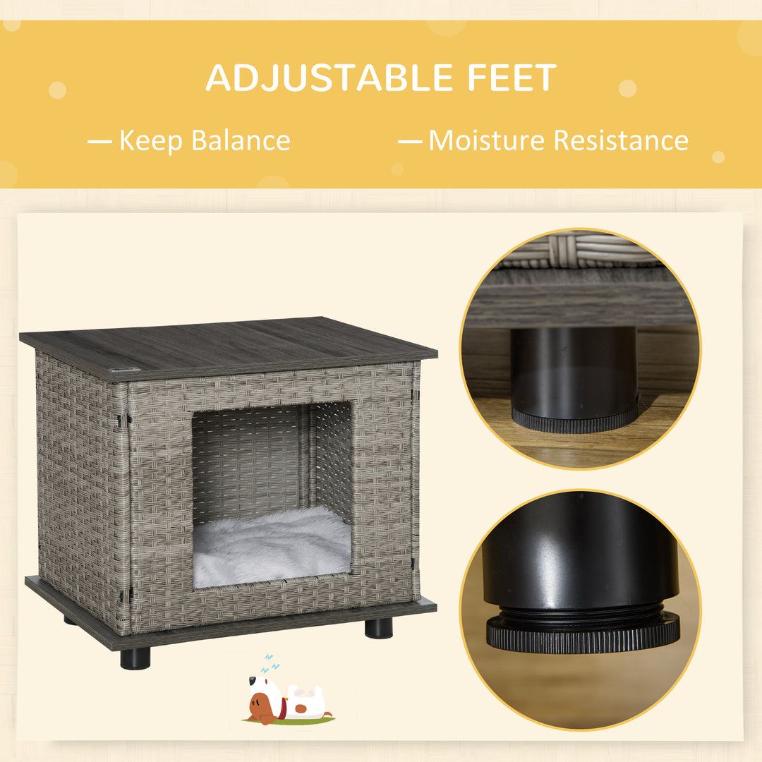 Wicker Dog House Rattan Pet Bed End Table Furniture with Soft Cushion for X-Small Dogs - Grey