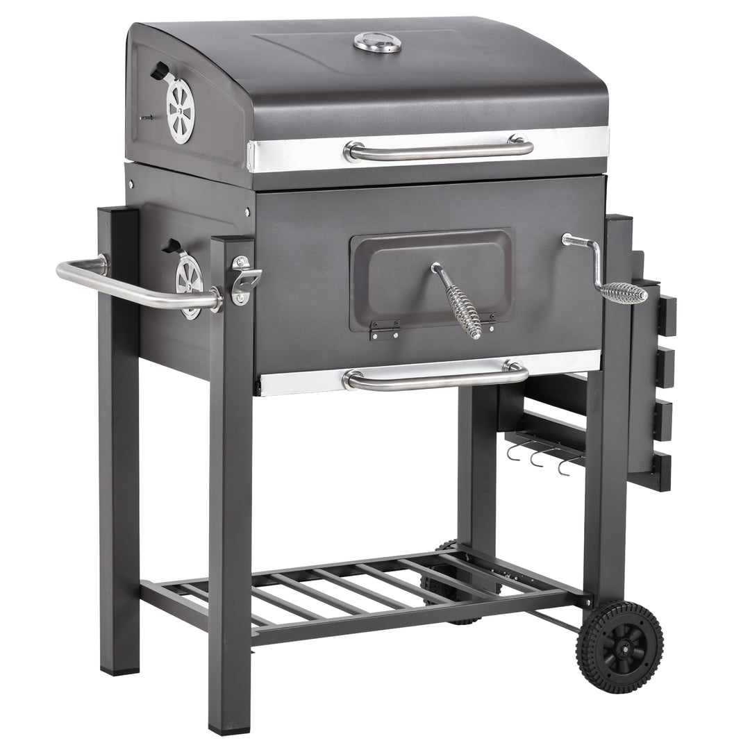 Charcoal Grill BBQ Trolley Backyard Garden Smoker Barbecue w/ Shelf Side Table Wheels Built-in Thermometer