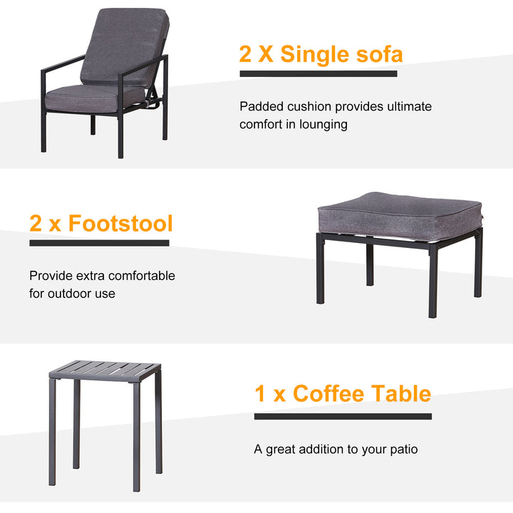 Outsunny Garden Patio Sun Lounger Outdoor Lounger 5 pcs Set Reclining Chair &amp; Coffee Table Footstools Metal Frame Patio Lounger with Cushions