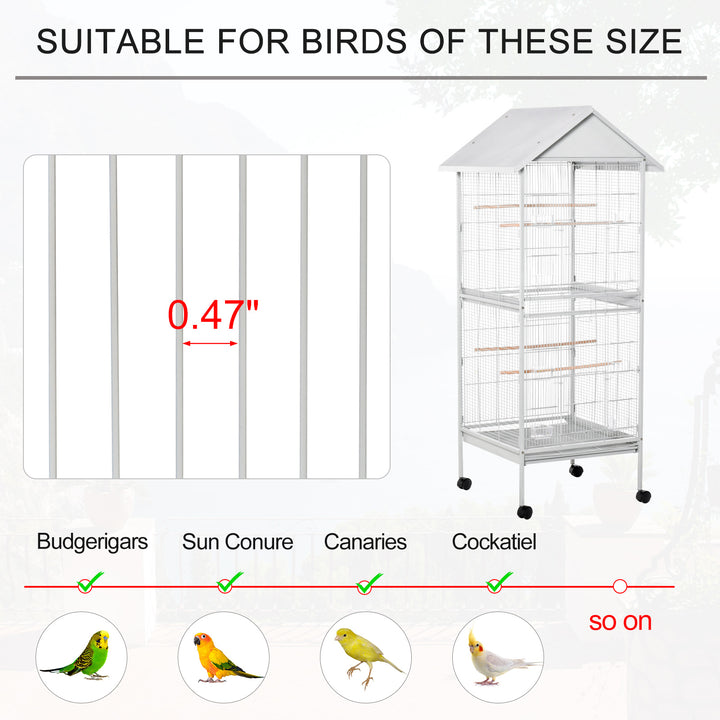 PawHut 170cm Metal Bird Cage Parrot Cage Mobile Feeder with Rolling Stand Perches Food Containers Doors Wheels White
