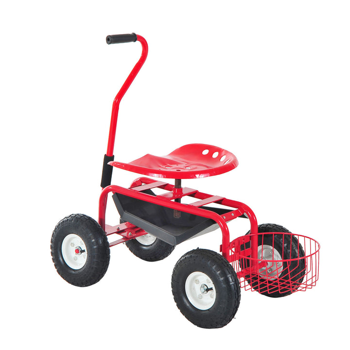 Outsunny Adjustable Rolling Garden Cart Outdoor Garden Planting Station Trolley Swivel Gardener Work Seat Heavy Duty w/ Tool Tray &amp; Basket Red 150kg