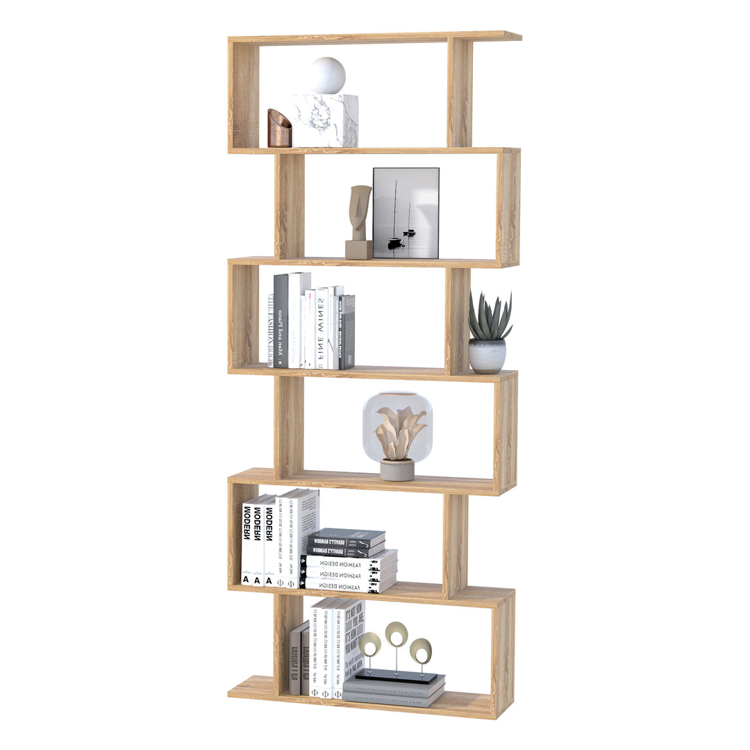 Wooden Wood S Shape Storage Display 6 Shelves Room Divider Unit Chest Bookshelf Bookcase Cupboard Cabinet Home Office Furniture (Oak)