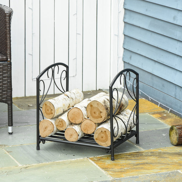 Outsunny Firewood Log Rack Fireplace Log Holder Wood Storage Rack with Side Scrolls, for Outdoor and Indoor use, 39.5 x 31.5 x 39.5cm, Black