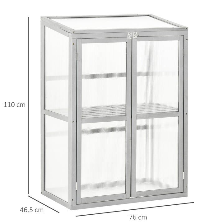 Outsunny Wooden Cold Frame Greenhouse Garden Polycarbonate Grow House w/ Adjustable Shelf, Double Doors, 76 x 47 x 110 cm, Grey