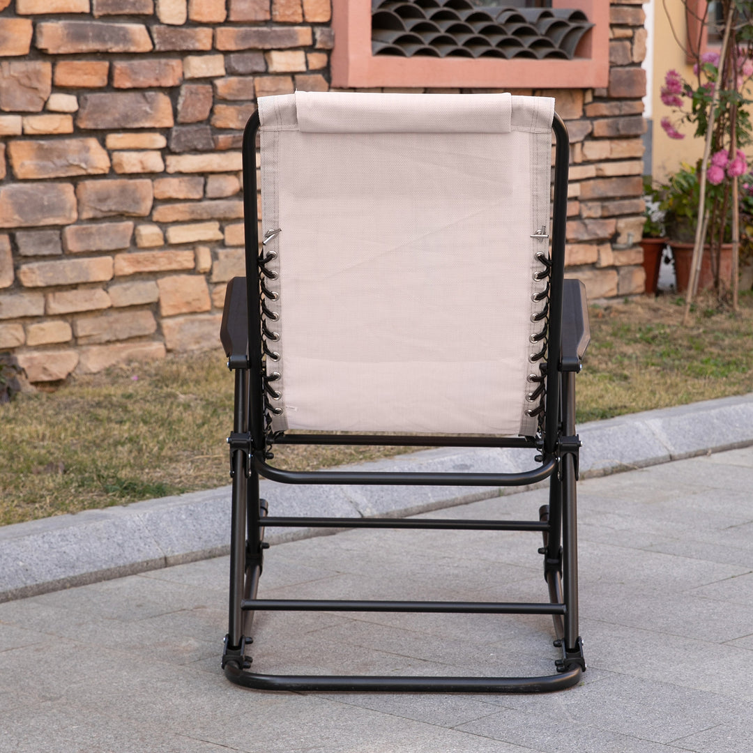 Garden Rocking Chair Folding Outdoor Adjustable Rocker Zero-Gravity Seat with Headrest Camping Fishing Patio Deck - Beige