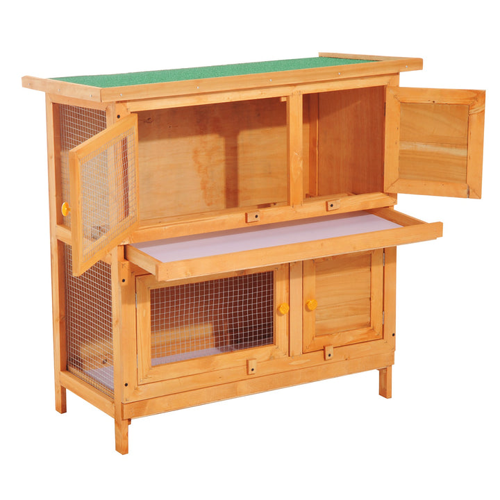 Pawhut Wooden Rabbit Hutch 2 Tiers Bunny House Rabbit Cage w/ Slide-Out Tray and Hinged Opening Roof Small Animal House for Indoor