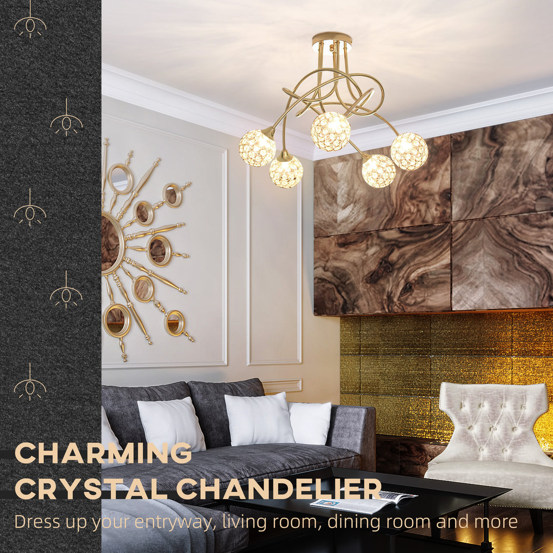 Crystal Chandelier Modern Pendant Light for Living Room with 5 Ball Lampshades 5 G9 Bulbs Required Gold Tone