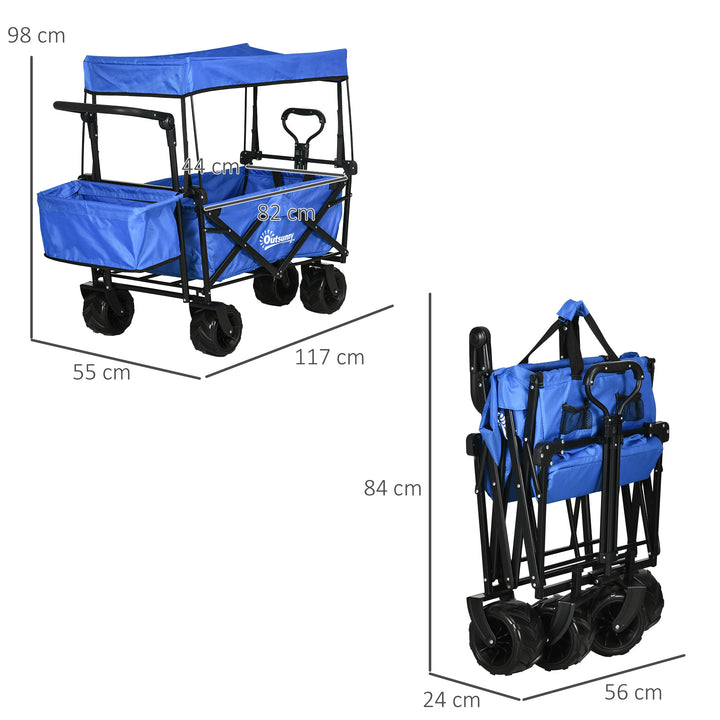 Outsunny Folding Trolley Cart Storage Wagon Beach Trailer 4 Wheels with Handle Overhead Canopy Cart Push Pull for Camping, Blue