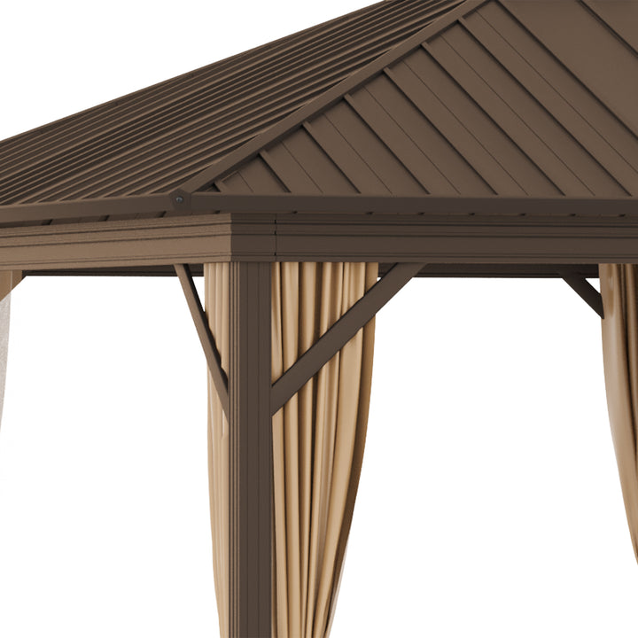 Outsunny 3.6 x 3(m) Outdoor Hardtop Gazebo Metal Roof Patio Gazebo with Aluminum Frame, Mesh Nettings, Curtains, &amp; Roomy Interior Space, Brown