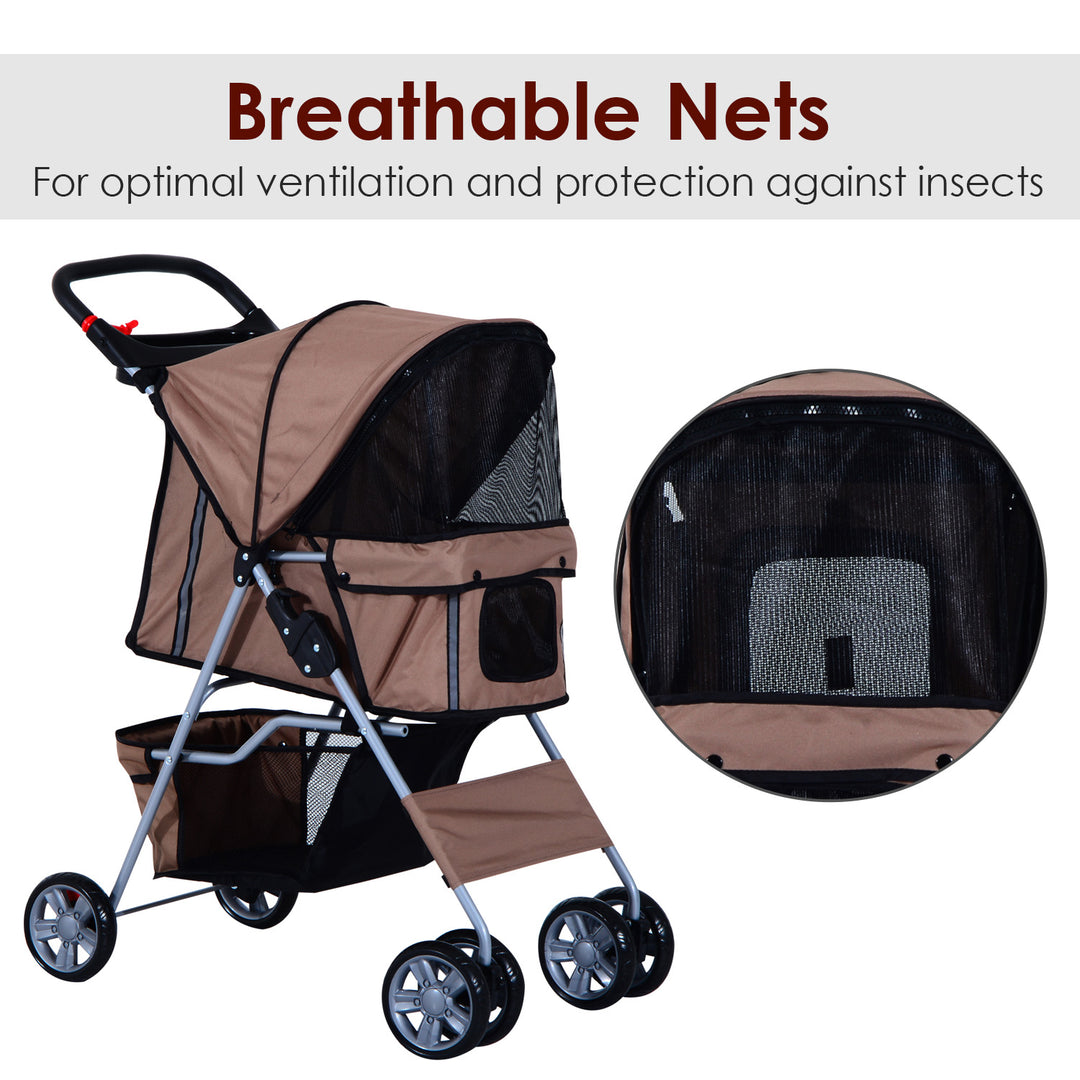 PawHut Dog Pram Pet Stroller Foldable Dog Pushchair with Wheels Zipper Entry Cup Holder Storage Basket Brown